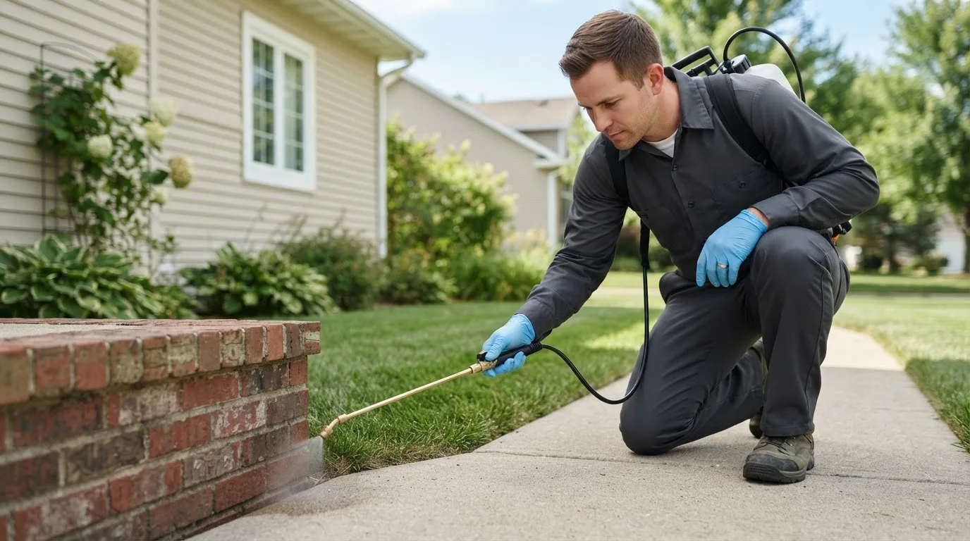 Pest control technician treating a home near Burfordville, MO