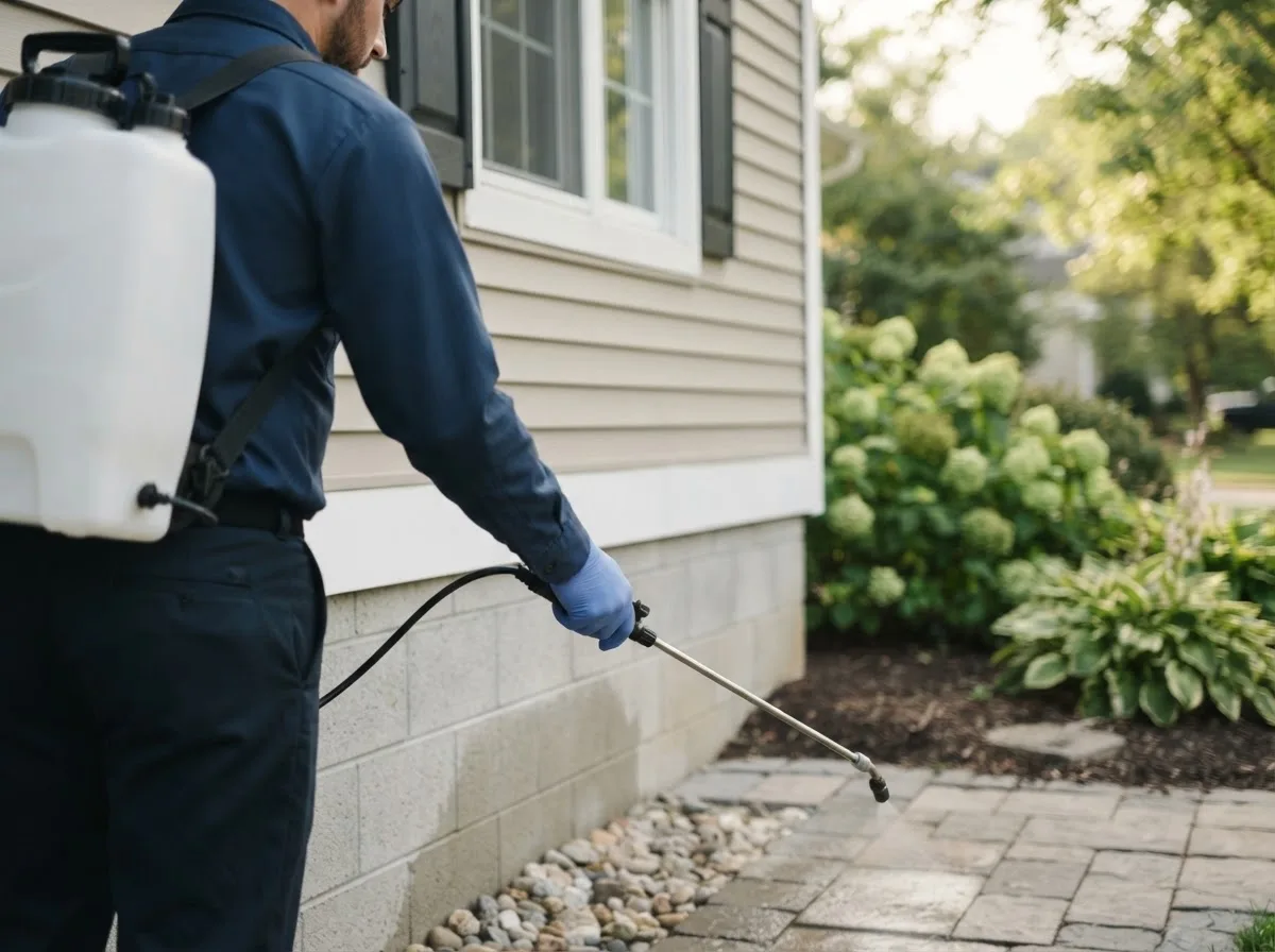Pest control technician inspecting a home in Burfordville, MO